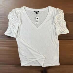 Express Top Short White V-Neck Short Sleeve Tee Semi-Sheer Women Sz M‎ NWT